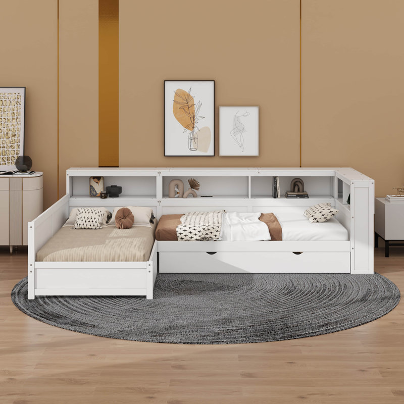 Lit plateforme simple en L avec lit gigogne et tiroir, Blanc