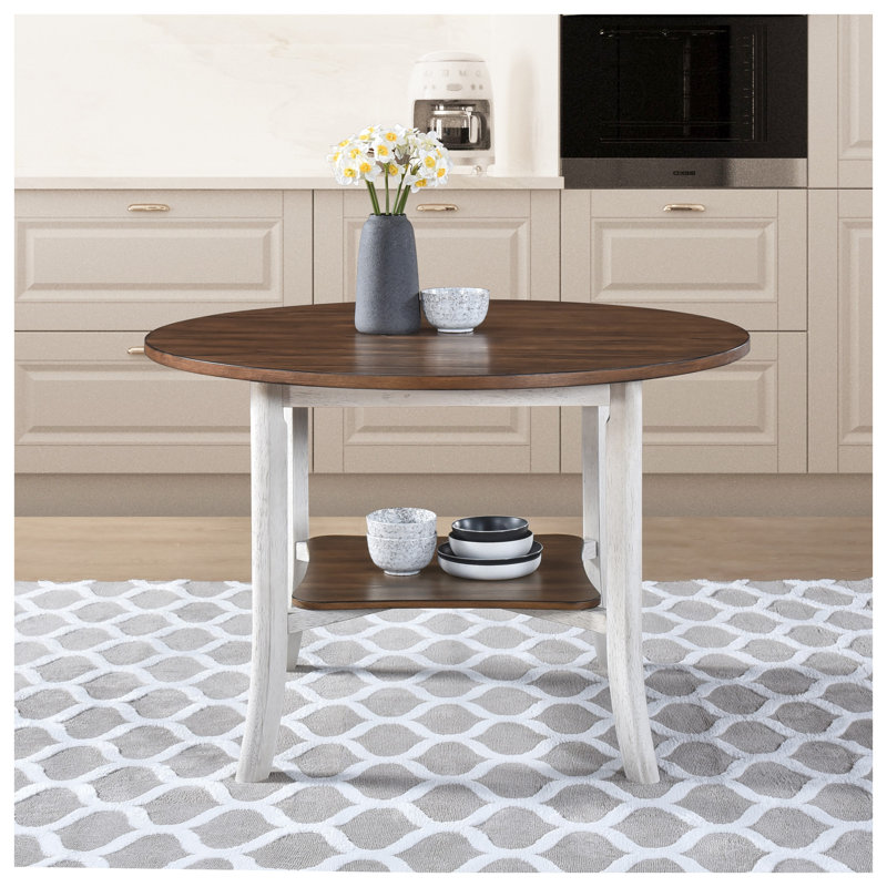 Table de salle à manger ronde 45,7 po avec tablette de rangement, table de salle à manger rustique moderne en bois foncé pour petits espaces, chêne foncé antique et blanc