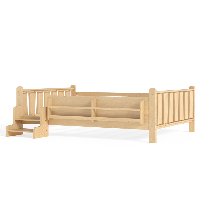 Lit double pleine grandeur avec bibliothèques de rangement, lit en bois massif pour enfants avec de jolis escaliers et garde-corps, aucun sommier nécessaire, naturel clair