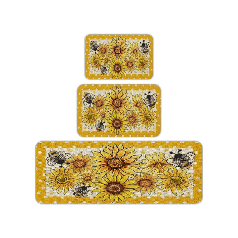 Tapis de cuisine 3 pièces Sunflower Bee Art pour balcon, jaune et blanc, Jaune / blanc floral 6