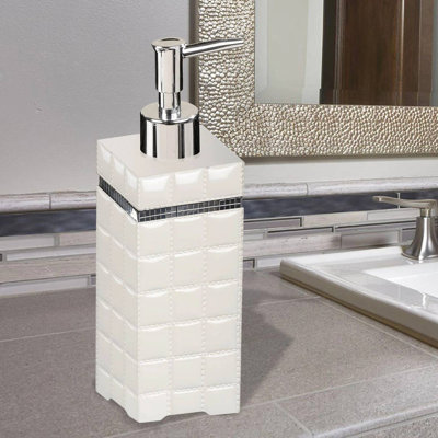 Distributeur de savon liquide Oneita en résine | Meuble-lavabo de salle de bain et évier de cuisine, contient savon, lotion et assainisseur | Blanc