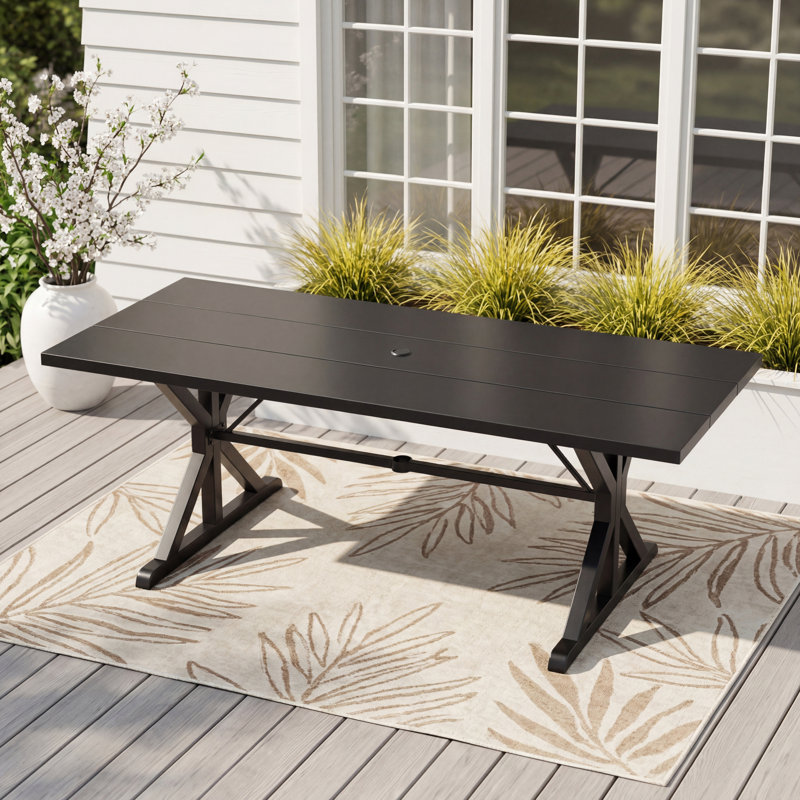 Rectangular 78" X 35" Powder-Coated Steel Patio Dining Table With Umbrella Hole