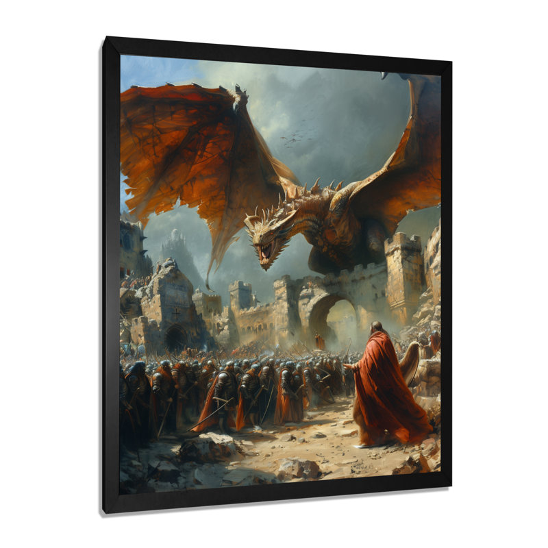 Impression épique «Bataille épique entre les dragons et les soldats IV» - Dragons, Toile encadrée noire simple