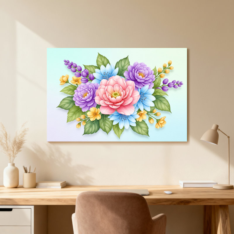 Plantes et fleurs, bouquet floral coloré avec des fleurs roses, mauves et bleues, H 16 po x l 24 po, Toile tendue