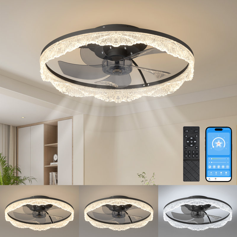 Ventilateur de plafond moderne en cristal noir avec lumière et télécommande, température de couleur réglable