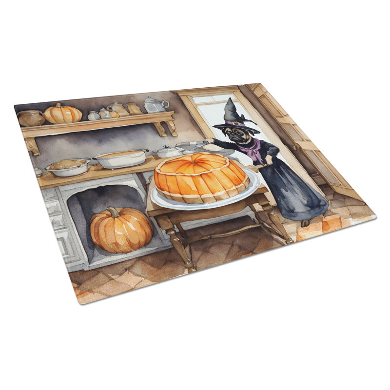 Pug Fall Kitchen Pumpkins Glass Cutting Board Large