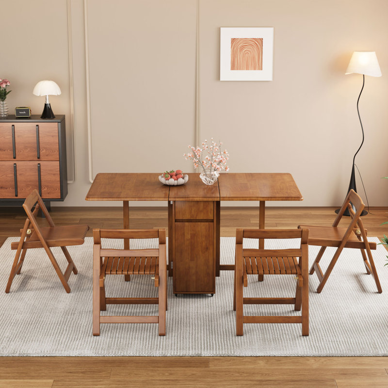 Ensemble de table de salle à manger à abattants 5 pièces avec 4 chaises escamotables, table de cuisine extensible avec 2 tiroirs et roulettes