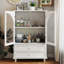 Armoire de rangement Farmhouse avec portes en verre arquées, plateau à niveaux et conception à 2 tiroirs pour une utilisation polyvalente à la maison