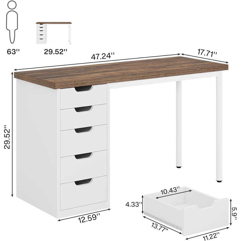 Bureau d'ordinateur à 5 tiroirs Briget, écriture, habillage moderne, Brun / Blanc