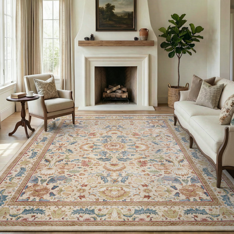 Soft Washable Non-Slip Vintage Floral Area Rug For Living Room And Bedroom In Warm Beige, Orange/Beige/Blue