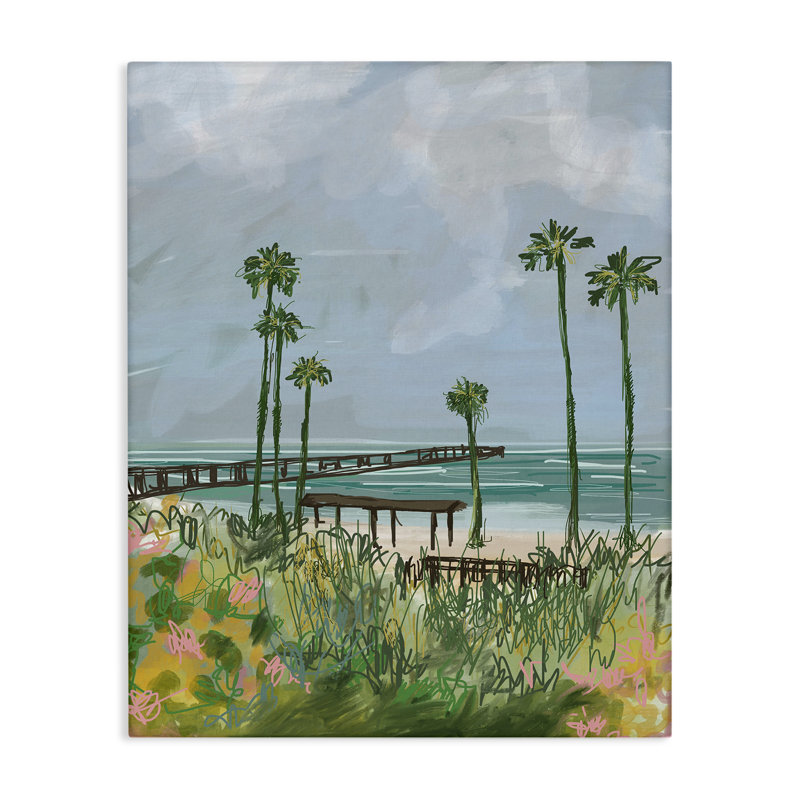 «Palm Trees Dock Scene», art mural par Jan Weiss, H 20 po x l 16 po