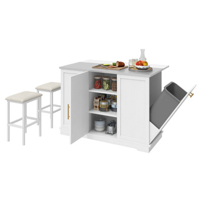 Kitchen Island With Drop Leaf & Seatings, Island With Trash Storage by Winston Porter