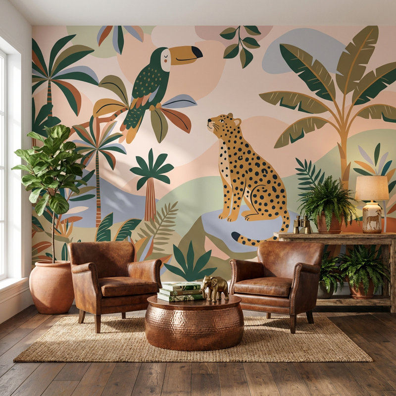 Papier peint léopard tropical, Non tissé non collé, 160 po x 108 po