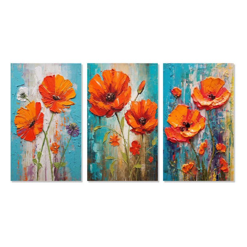 «Blossoming Red Poppes On Teal Sky Paint», 3 pièces sur toile, Toile tendue, H 28 po x l 36 po