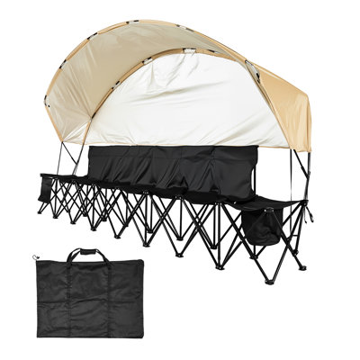 Banc portatif pliant pour l'extérieur avec 6 sièges, parasol, poches de rangement, porte-gobelets et conception confortable, pochettes de soccer pliables faciles à monter, structure en métal, pour une utilisation à l'intérieur
