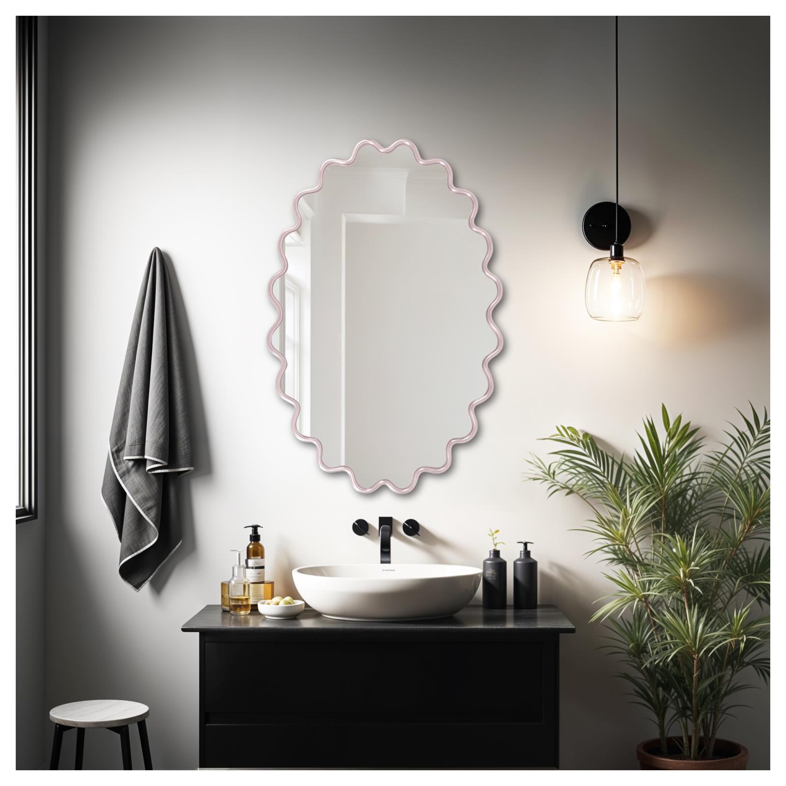 Modern Wavy Framed Oval Wall Mirror, Light Pink