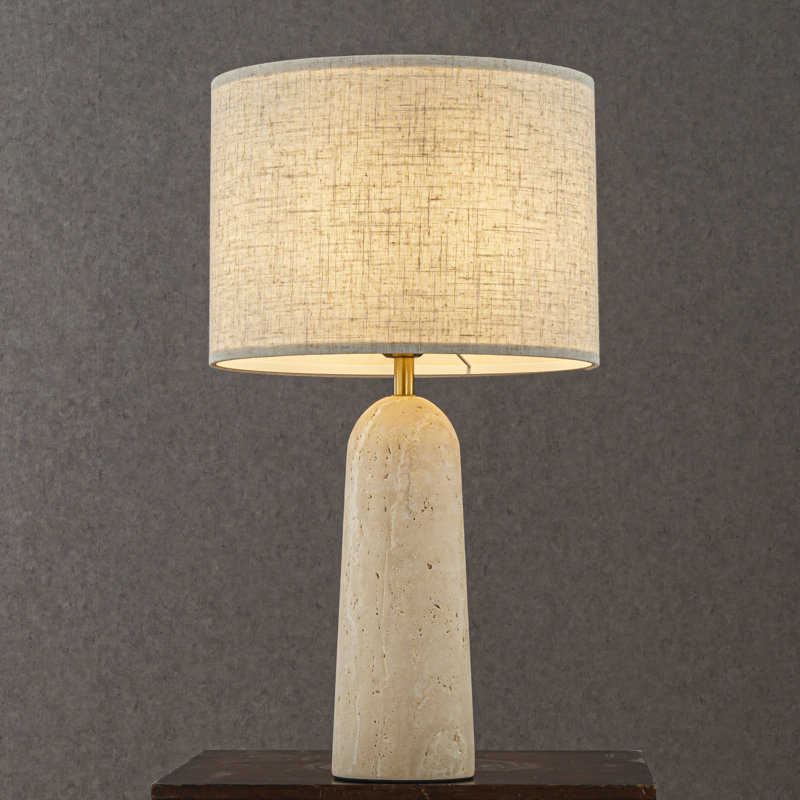1-light 21'' Vintage Classic Natural Travetine Tapered Table Lamp With Beige Linen Shade For Bedroom And Living Room