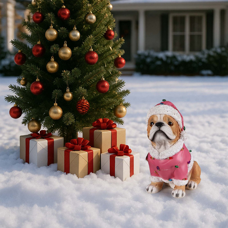 Statuette de carlin de Noël en tenue du Père Noël (pile incluse), Brown/Pink
