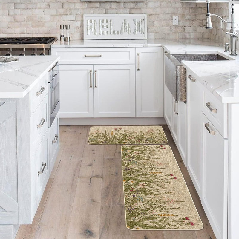 Wildflower Spring Floral Kitchen Mats - Multi - Set Of 2 Low-Profile Floor Rugs, Summer Holiday Party Home Kitchen