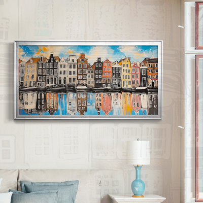 Art mural sur toile coloré "Canal de Amsterdam coloré" - Paysage urbain - Série paysage XLVII, ouverture 16 x 32 dans un cadre noir, extérieur 19 x 35