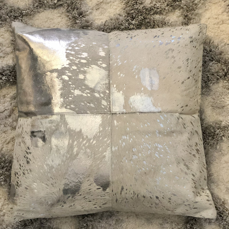 Ashen Square Cowhide Foil Pillow Cover & Insert, Gray/Silver