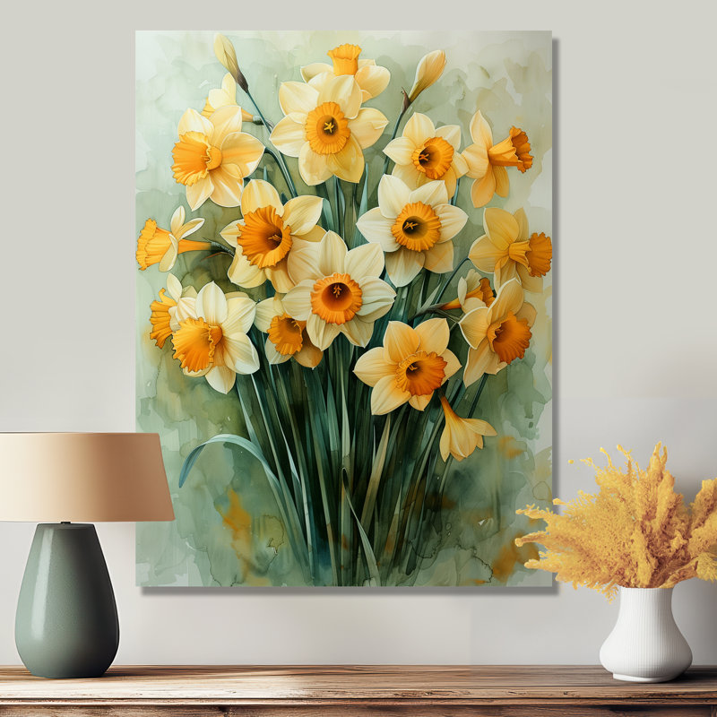 Bloom, orange, blanc, nature morte, jonquilles IV - jonquilles, impression d'art mural, Sans cadre, métal, H 30 po x l 40 po