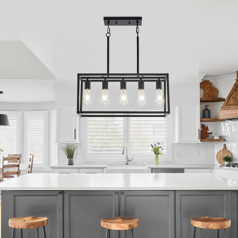 Lustre rectangulaire noir de style campagnard pour îlot de cuisine / salle à manger, 5 lumières, hauteur réglable