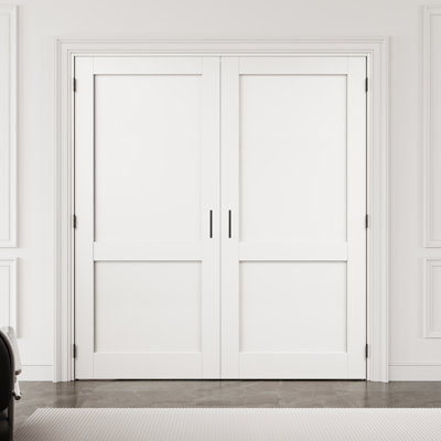 72" x 80" 2-Panel Interior French Door with Black Hardware & Ball Catch & Handle, Solid Core Door Slab, Paintable & Waterproof, Suit for Laundry, Closet Doors, Room Doors, Assembly Required