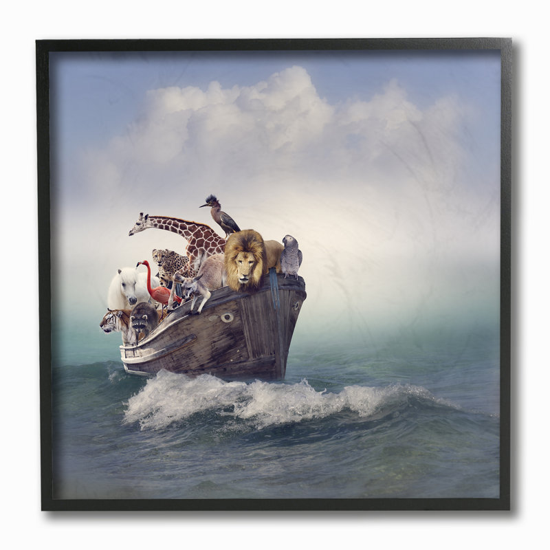 «Noah's Arc Boat and Animals», impression, H 12 po x l 12 po, Giclée encadrée noir minuit