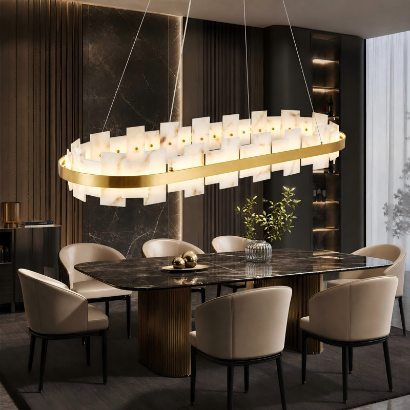 Lustre suspendu rectangulaire à DEL en faux albâtre de 46,8 pouces, doré, moderne et luxueux, réglable, pour salle à manger, îlot de cuisine et salon.