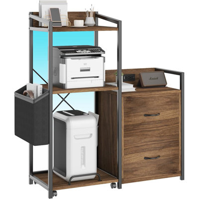 2-Drawer File Cabinet with Power Strip & LED Lights, Multi-Function Printer Stand for Home Office