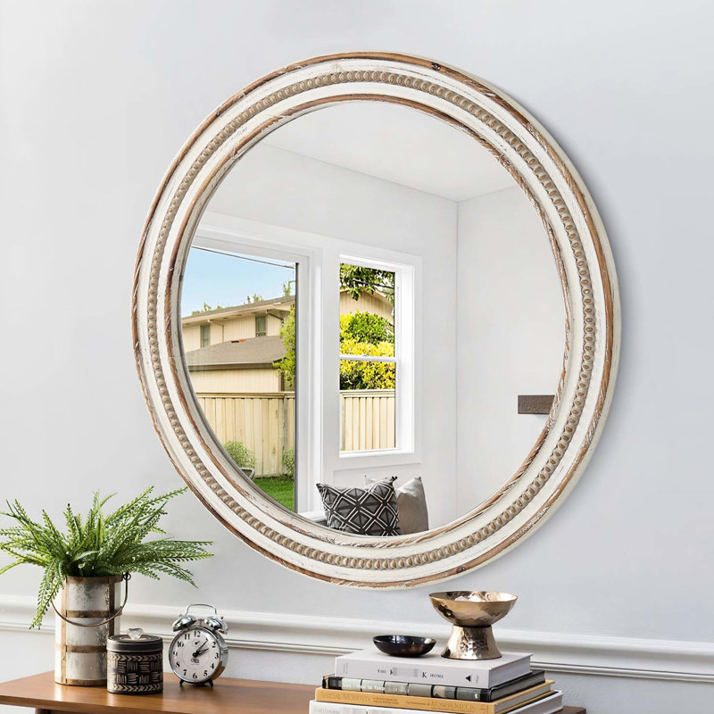 23.87" Diameter Rustic Wood Decorative Mirror - Style For Living Room, Bathroom, Entryway Clear Reflection Vintage-style Round Bedroom, Home Adornment