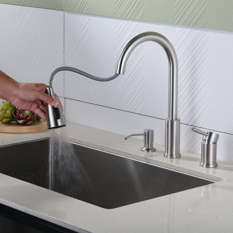 Robinet de cuisine rétractable à 3 trous avec distributeur de savon et poignée individuelle unique, Nickel brossé