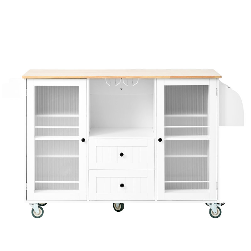 Kitchen Trolley With Drop - Leaf Table Area, 2 Drawers, Door Cupboard, Towel And Spice , White Rubberwood Design, 47.8 In Depth, Easy To Roll Workspace, Finish, Frame, 33.23 Height, 101.58 Lb
