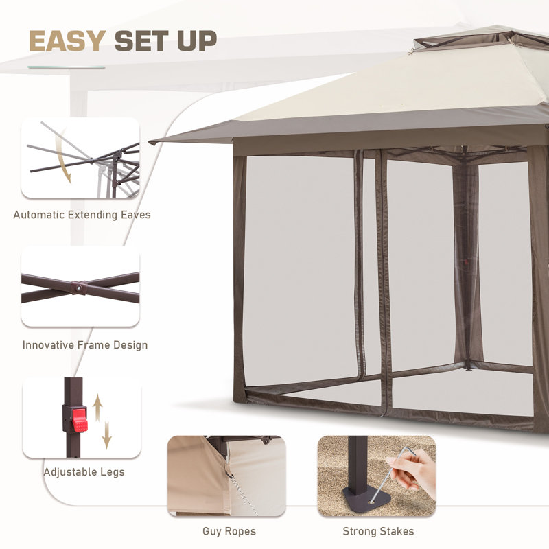 Beige and Brown Metal Pop-Up Patio Gazebo with Mosquito Netting