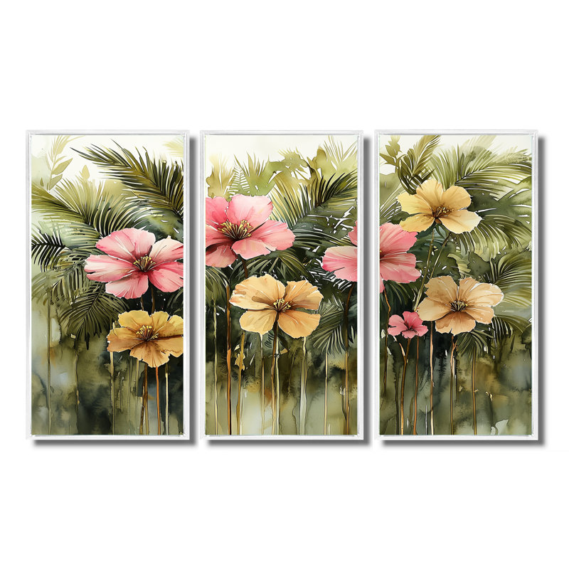 Hibiscus tropical dans une symphonie de printemps II - art mural hibiscus - 3 panneaux, H 28 po x l 36 po, Blanc