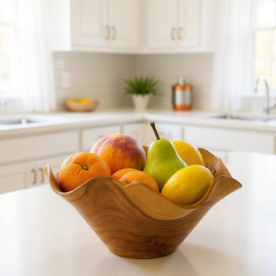 Wood Wave-Edge Bowl â€“ Hand Carved Decorative Fruit or Salad Bowl, Rustic Centerpiece