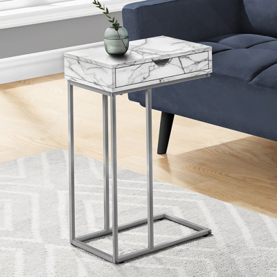 Table d'appoint, en forme de C, bout, côté, collation, tiroir de rangement, stratifié aspect marbre blanc, métal gris