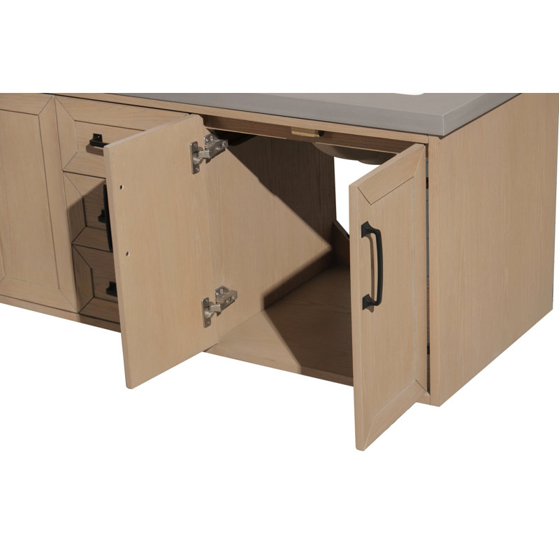 Venice 55" Oak Gray Double Sink Wall-Mount Vanity with Quartz Top