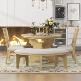 Modern Zanera 5-Piece Dining Table Set, 44" Round Dining Table with Curved Bench & Side Chairs,kitchen table set,dining table set,dining room set