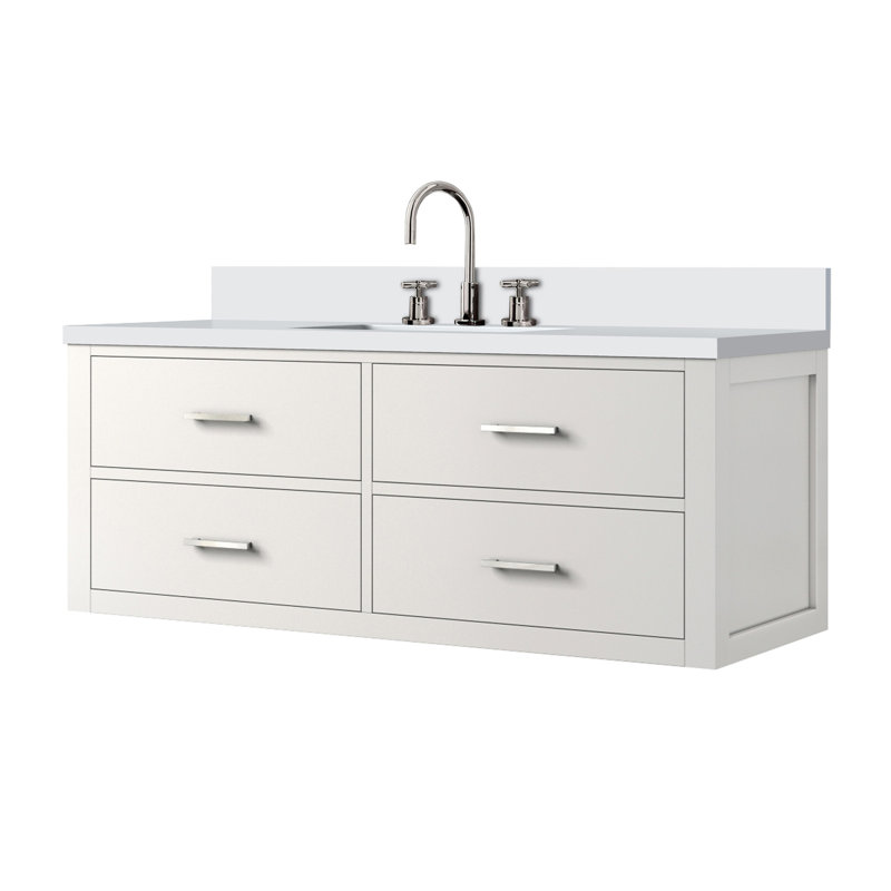 Meuble-lavabo simple blanc 48 po X P 22 po D, dessus en quartz blanc et ensemble de robinet