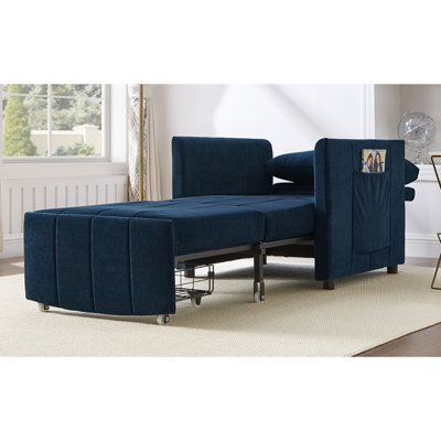Canapé-lit rembourré convertible, canapé-lit escamotable de 31,5 po avec dossier réglable à 5 positions, poches latérales et panier de rangement, chaise-lit pliable, méridienne de salon, appartement, bleu