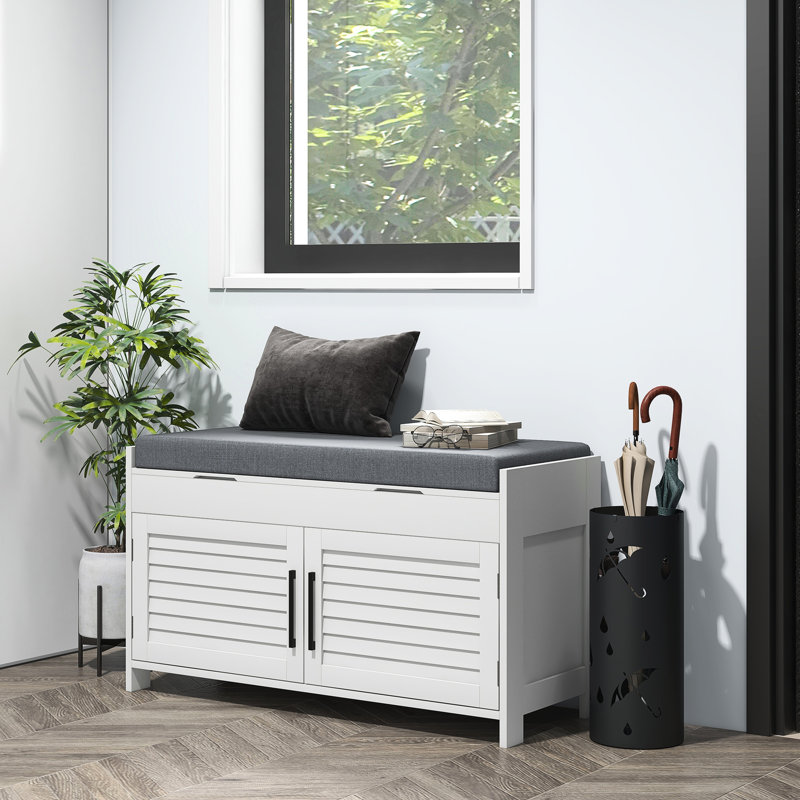 Banc à chaussures blanc avec compartiments cachés, siège rembourré, tablettes réglables, portes à volets pour la chambre à coucher, rangement pour portes, capacité de poids maximale de 352 lb