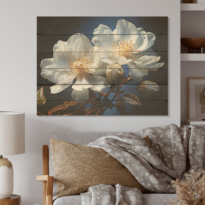 Transparent White And Blue Flowers - Flowers Wood Wall Art On Natural Pine Wood