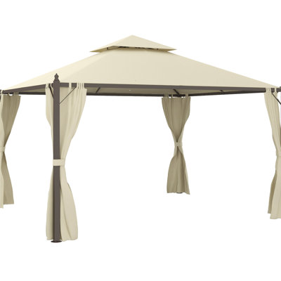 10' X 12' Gazebo. Steel Frame, Curtains For Privacy. Ideal Backyard Gatherings. Beige Outdoor Gazebo With Construction. Privacy Curtains, Double Canopy. Functional Structure.