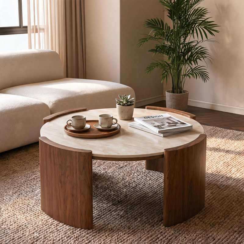 Table basse ronde moderne en pierre frittée de 31,5 pouces, table centrale au look travertin lustré avec pieds en dalle de noyer épais, table basse circulaire pour le salon