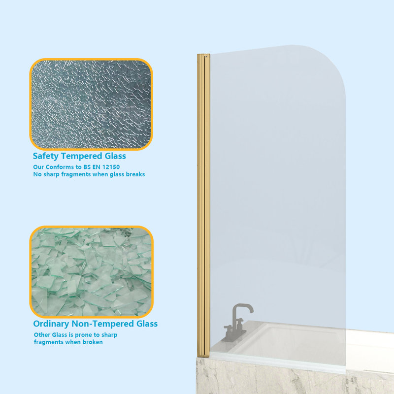 Mahler 1400mm H Pivot Semi-Frameless Tub Door with Clear Glass, Rounded Corner, Gold, 80cm x 140cm