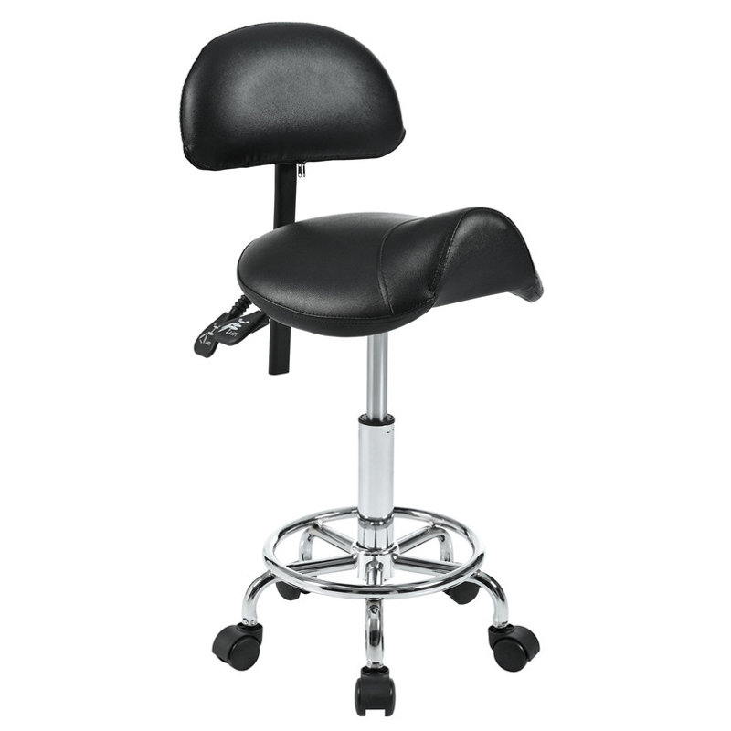 Saddle Stool with Back Support, Rolling Stools with Foot Rest, Ergonomic Adjustable Stool with Wheels, Backrest Adjustable Height & Angle for Salon Spa Tattoo Massage Office Swivel Stool Chair