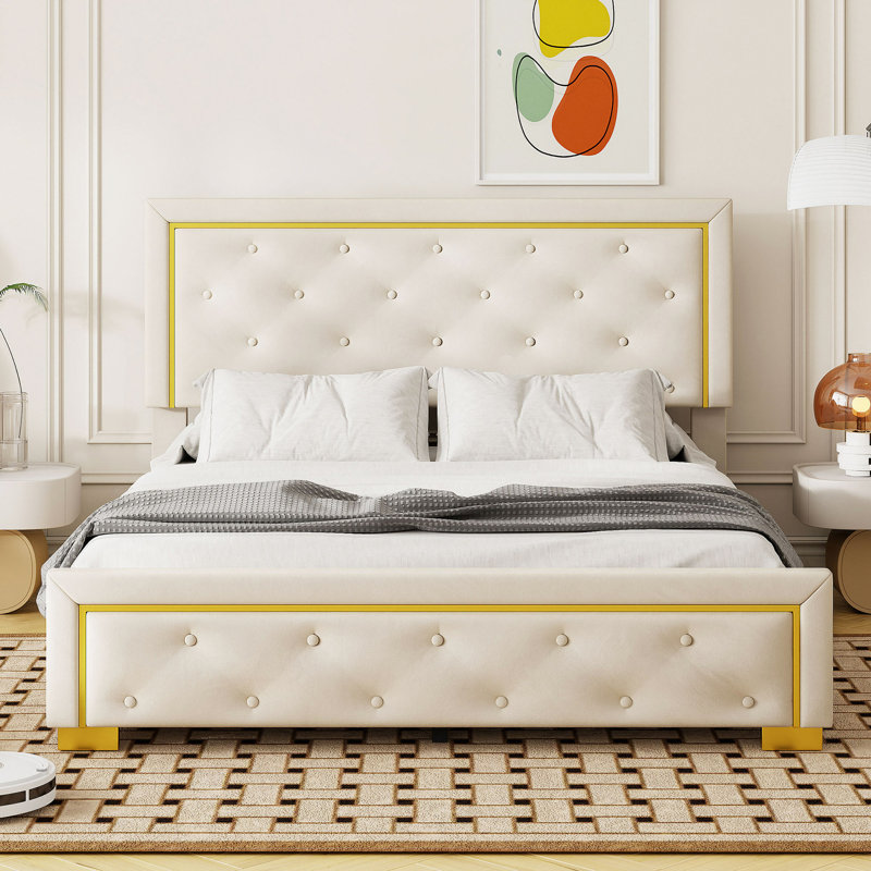 Lit plateforme tapissier Heerad avec tête de lit, structure en fil métallique et pieds en métal, Beige