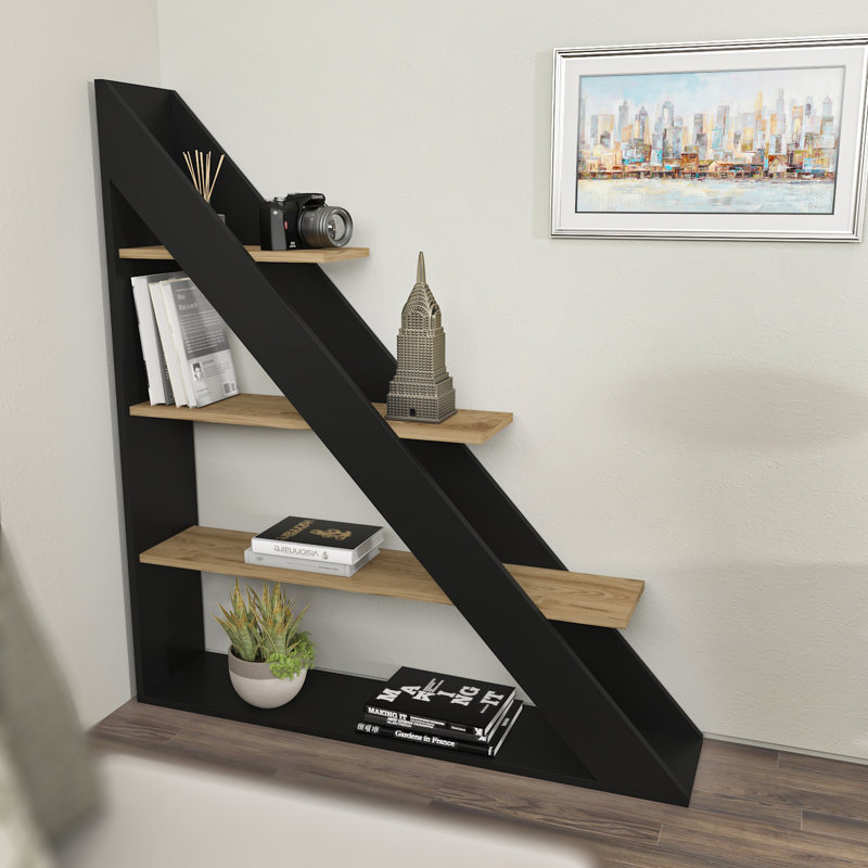 Basri Geometric Bookcase, Black/Oud Oak